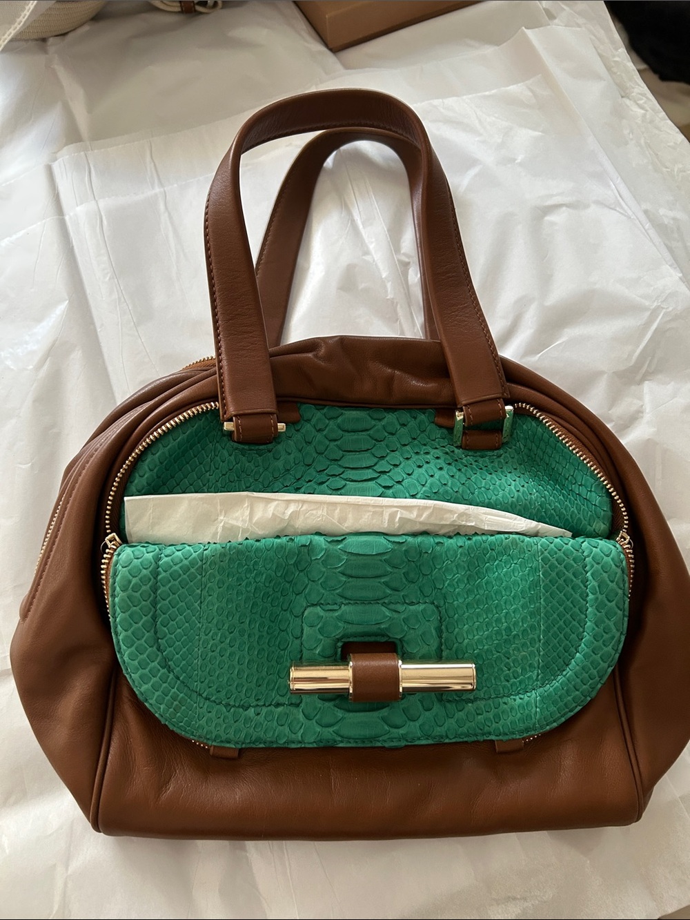 Jimmy Choo Brown Leather Satchel with Green Snakeskin Front Pocket